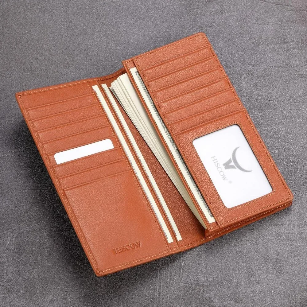 Men's Dark Tan Full Grain Leather Long Bifold Wallet Credit Card Slots Style